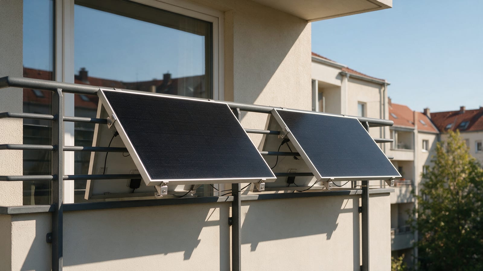 Zwei Solarmodule am Geländer eines Wohnungsbalkons in einem Mehrfamilienhaus