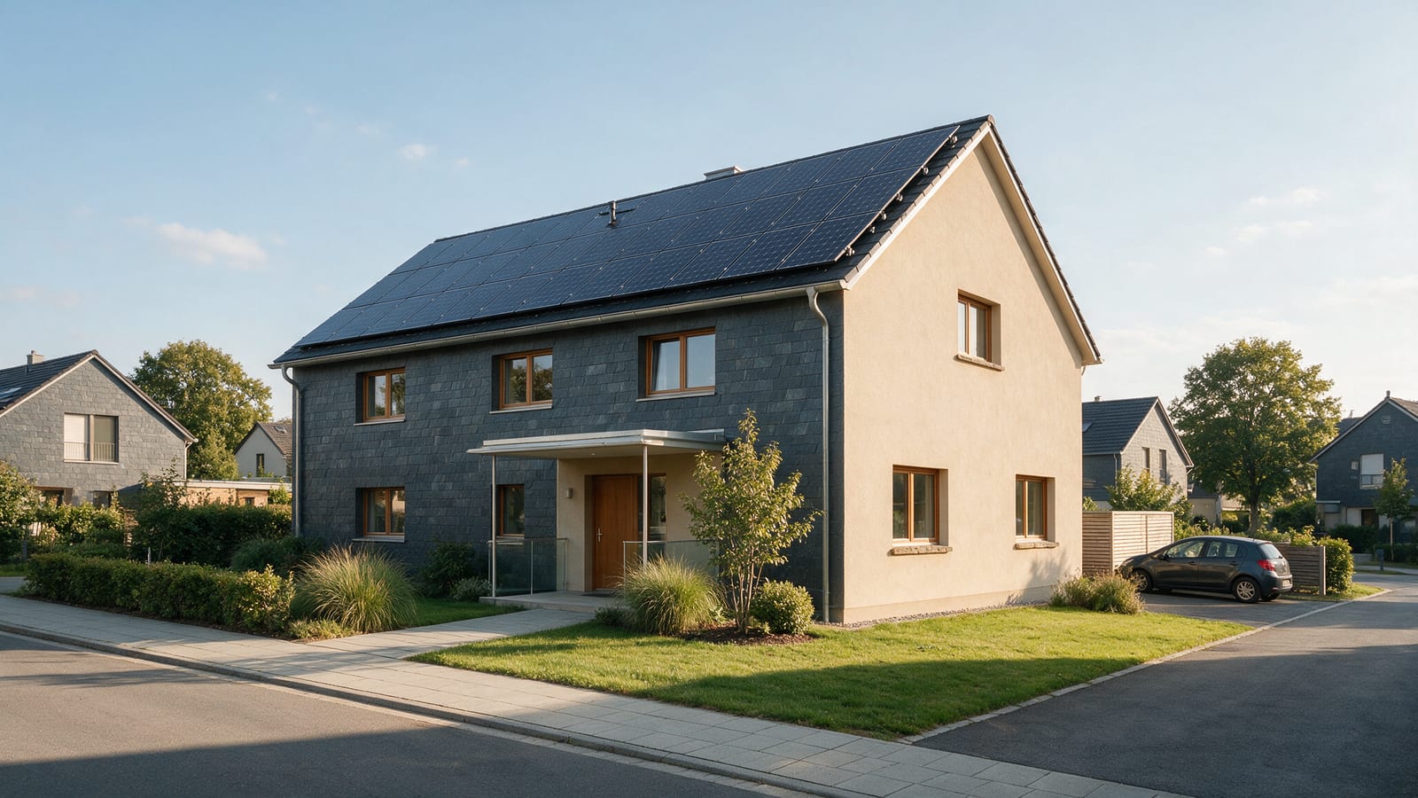 Einfamilienhaus mit vollflächig belegter Photovoltaikanlage auf dem Satteldach