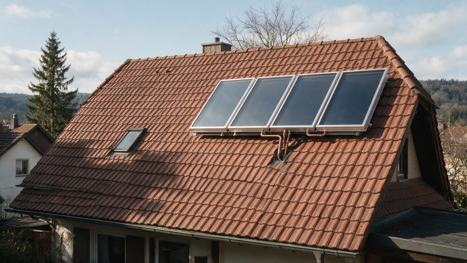 Flachkollektoren einer Solarthermieanlage auf dem Ziegeldach eines Wohnhauses