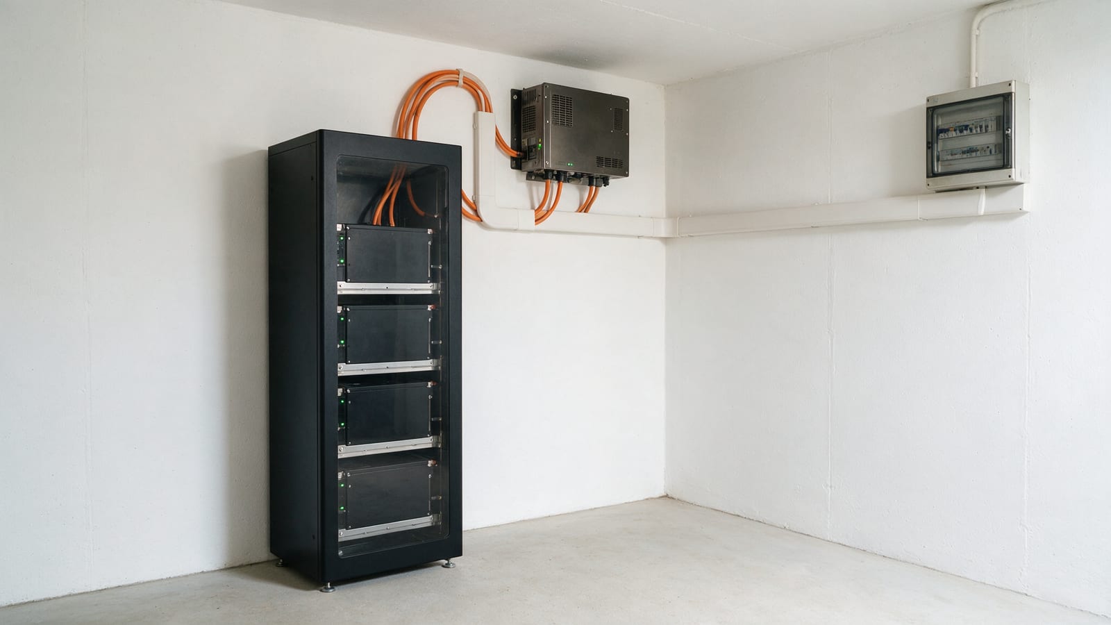 Batteriespeicher mit gestapelten Modulen und Wechselrichter im Technikraum eines Wohnhauses