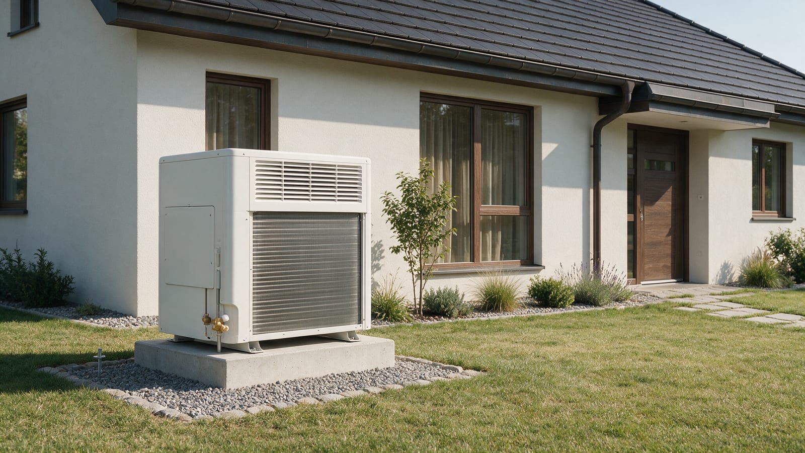 Außeneinheit einer Luft-Wasser-Wärmepumpe auf einem Betonfundament neben einem Wohnhaus