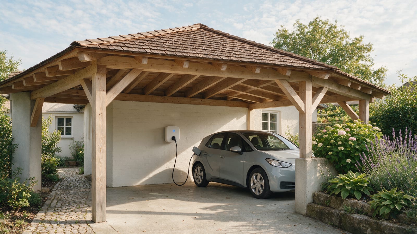 Wallbox an der Wand eines Carports, Ladekabel mit einem Elektroauto verbunden
